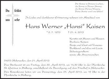 Traueranzeige von Hans Werner  Kaisen von TRIERISCHER VOLKSFREUND