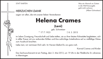 Traueranzeige von Helena Crames von TRIERISCHER VOLKSFREUND