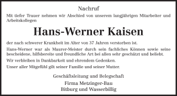 Traueranzeige von Hans-Werner Kaisen von TRIERISCHER VOLKSFREUND