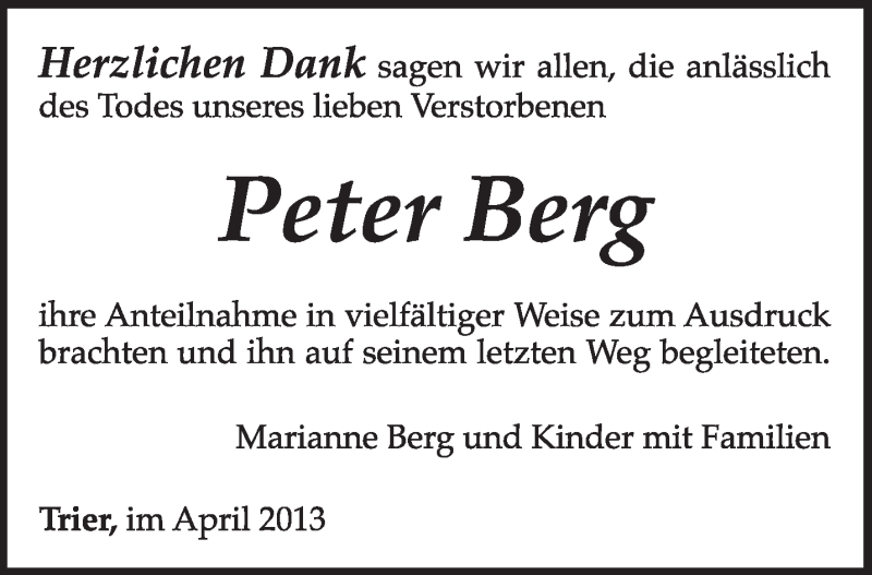 Traueranzeige für Peter Berg vom 27.04.2013 aus TRIERISCHER VOLKSFREUND