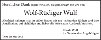 Traueranzeige von Wolf-Rüdiger Wulf von TRIERISCHER VOLKSFREUND