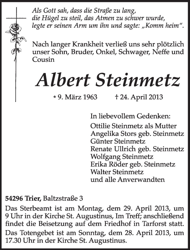  Traueranzeige für Albert Steinmetz vom 26.04.2013 aus TRIERISCHER VOLKSFREUND