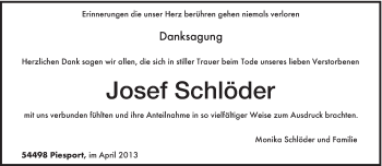 Traueranzeige von Josef Schlöder von TRIERISCHER VOLKSFREUND