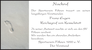 Traueranzeige von Franz Eugen Reichsgraf von Kesselstatt von TRIERISCHER VOLKSFREUND