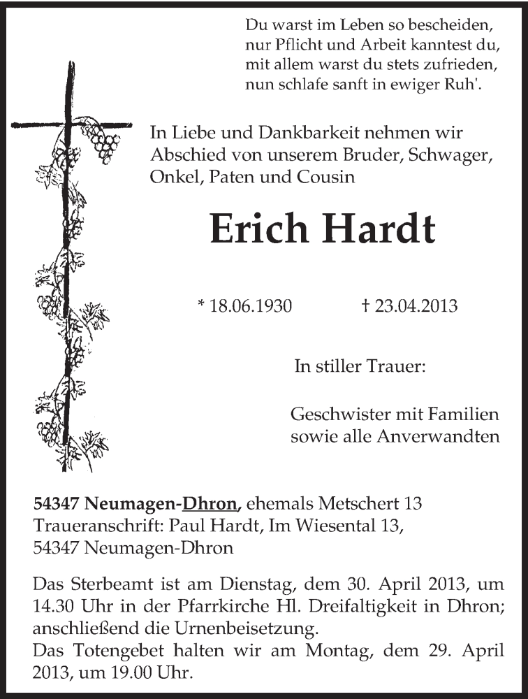  Traueranzeige für Erich Hardt vom 27.04.2013 aus TRIERISCHER VOLKSFREUND