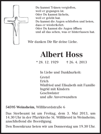 Traueranzeige von Albert Hoss von TRIERISCHER VOLKSFREUND