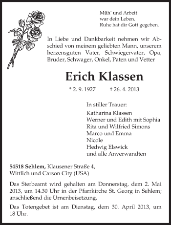 Traueranzeige von Erich Klassen von TRIERISCHER VOLKSFREUND