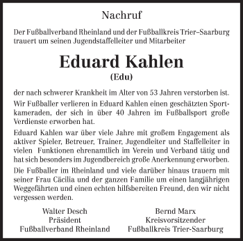 Traueranzeige von Eduard Kahlen von TRIERISCHER VOLKSFREUND