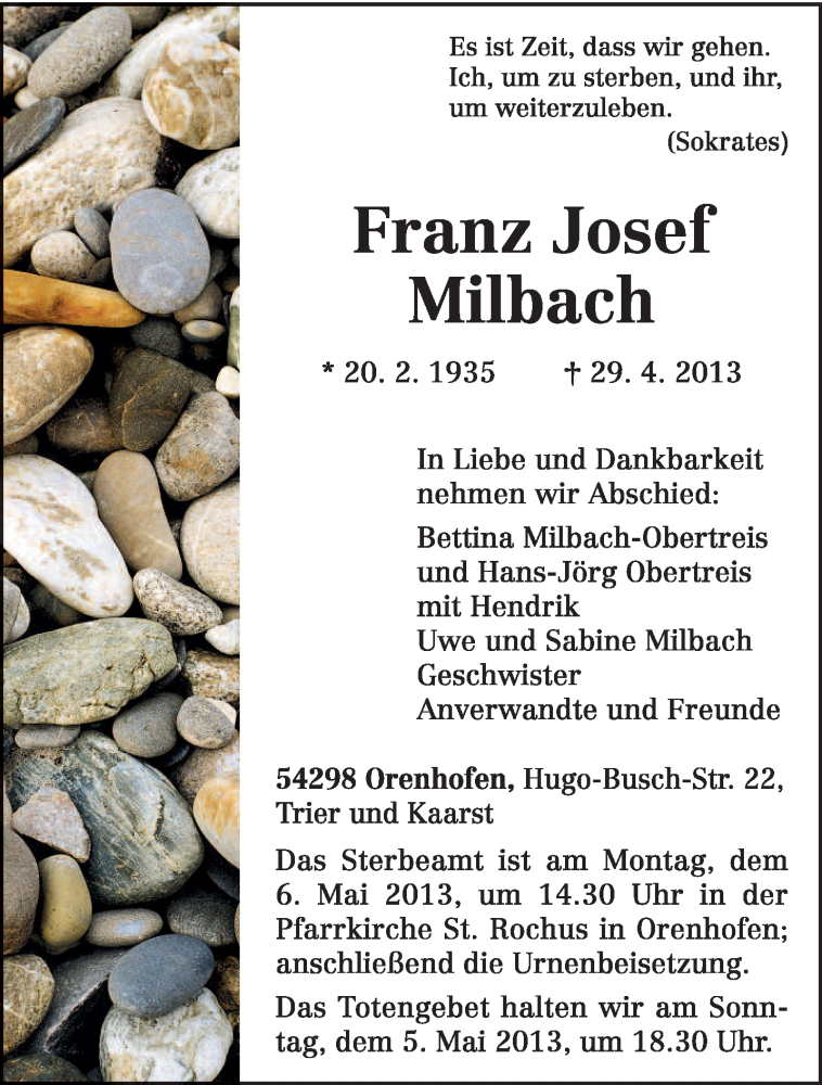  Traueranzeige für Franz Josef Milbach vom 01.05.2013 aus TRIERISCHER VOLKSFREUND