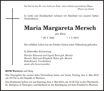 Traueranzeige von Maria Margareta Mersch von TRIERISCHER VOLKSFREUND