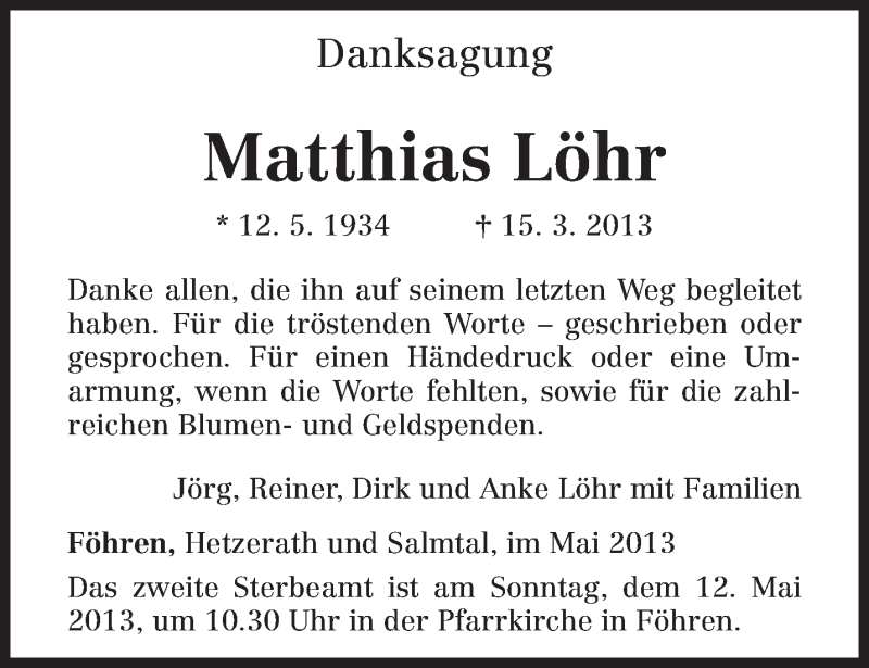 Traueranzeige für Matthias Löhr vom 08.05.2013 aus TRIERISCHER VOLKSFREUND