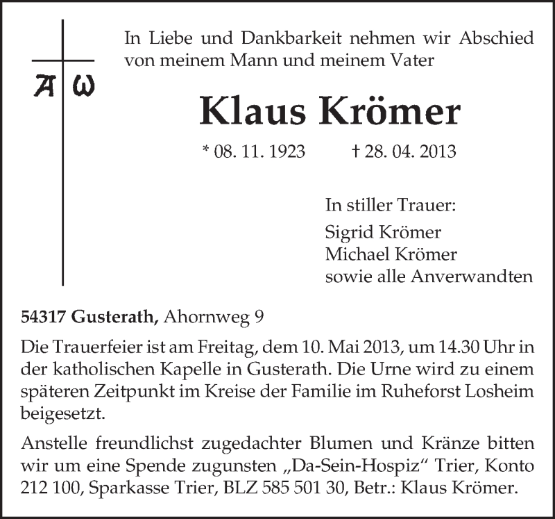  Traueranzeige für Klaus Krömer vom 04.05.2013 aus TRIERISCHER VOLKSFREUND