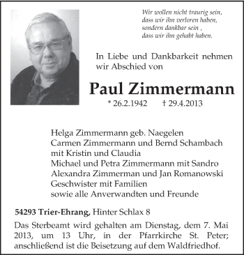 Traueranzeige von Paul Zimmermann von TRIERISCHER VOLKSFREUND