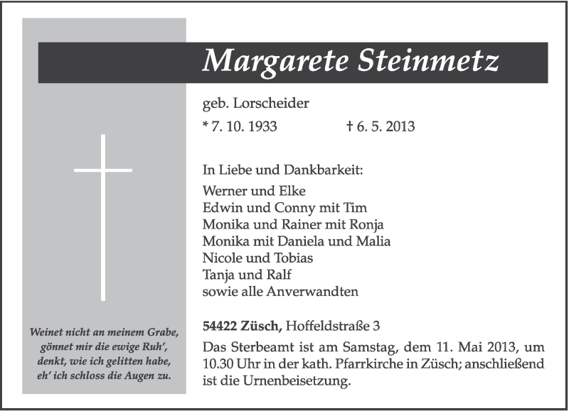  Traueranzeige für Margarete Steinmetz vom 09.05.2013 aus TRIERISCHER VOLKSFREUND
