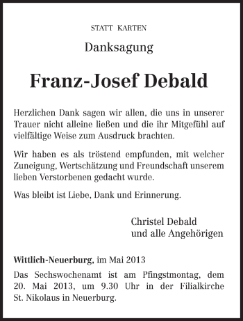 Traueranzeige von Franz-Josef Debald von TRIERISCHER VOLKSFREUND