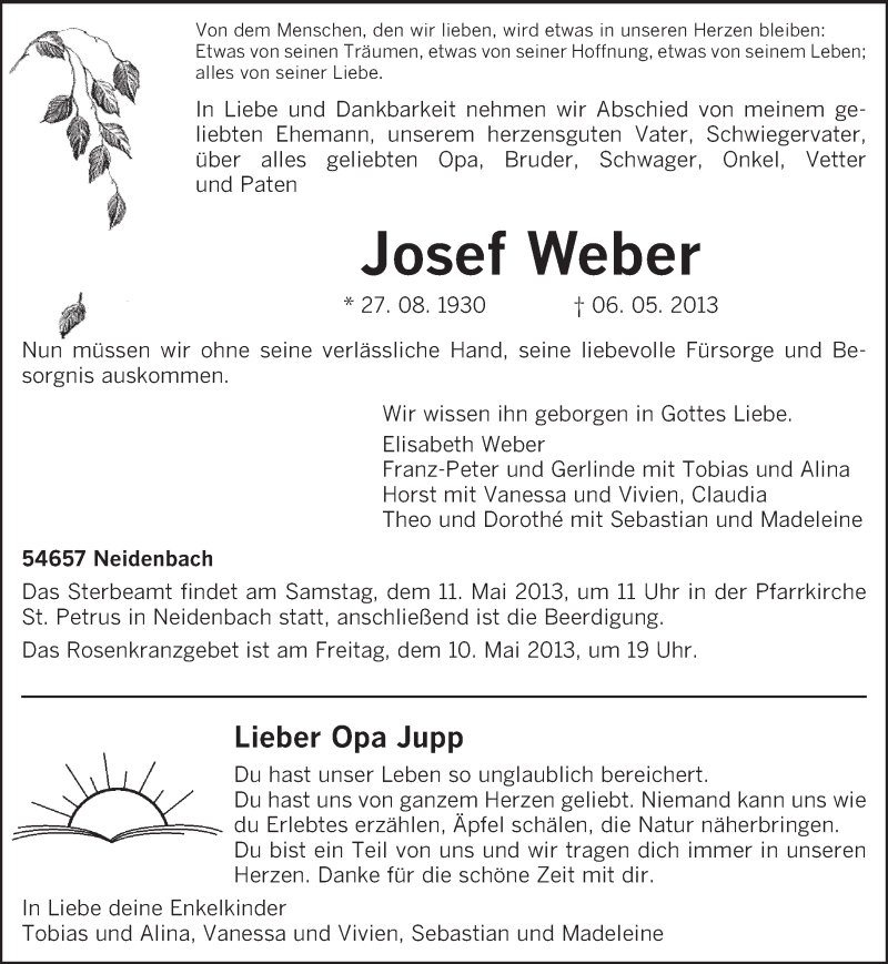  Traueranzeige für Josef Weber vom 09.05.2013 aus TRIERISCHER VOLKSFREUND