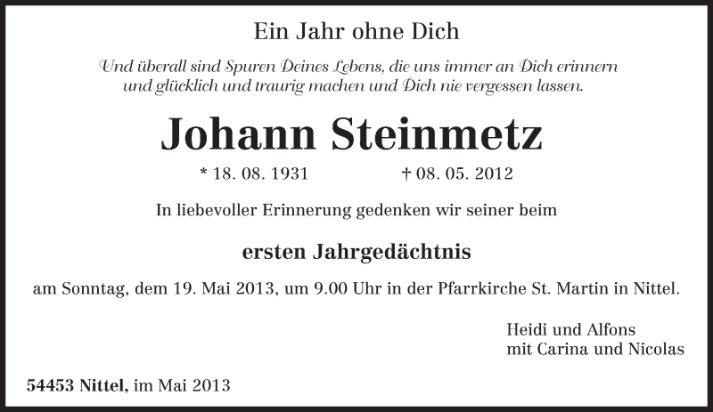  Traueranzeige für Johann Steinmetz vom 11.05.2013 aus TRIERISCHER VOLKSFREUND