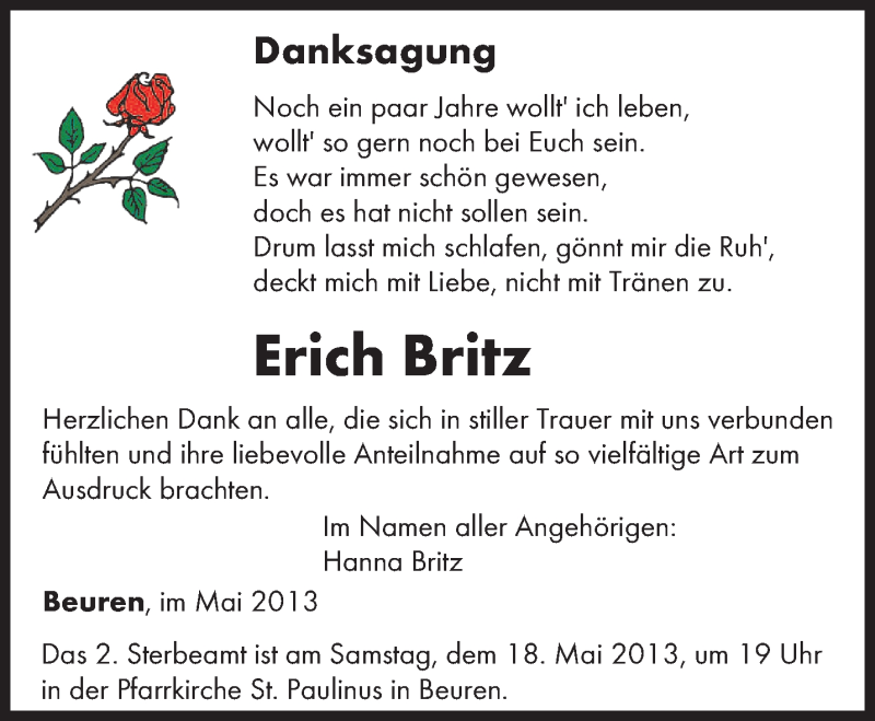  Traueranzeige für Erich Britz vom 11.05.2013 aus TRIERISCHER VOLKSFREUND