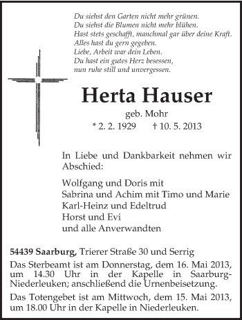 Traueranzeige von Herta Hauser von TRIERISCHER VOLKSFREUND