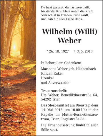 Traueranzeige von Wilhelm (Willi)  Weber von TRIERISCHER VOLKSFREUND