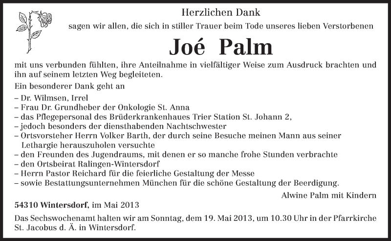  Traueranzeige für Joè Palm vom 15.05.2013 aus TRIERISCHER VOLKSFREUND