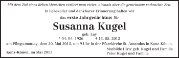 Traueranzeige von Susanna Kugel von TRIERISCHER VOLKSFREUND