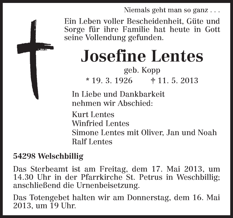  Traueranzeige für Josefine Lentes vom 15.05.2013 aus TRIERISCHER VOLKSFREUND