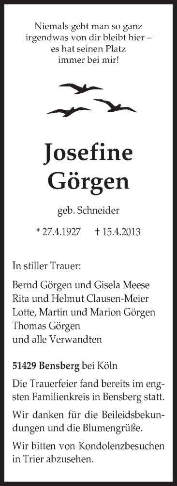  Traueranzeige für Josefine Görgen vom 18.05.2013 aus TRIERISCHER VOLKSFREUND