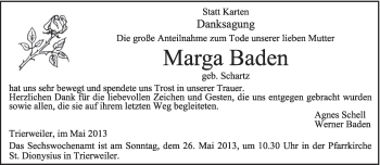 Traueranzeige von Marga Baden von TRIERISCHER VOLKSFREUND