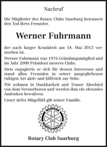 Traueranzeige von Werner Fuhrmann von TRIERISCHER VOLKSFREUND