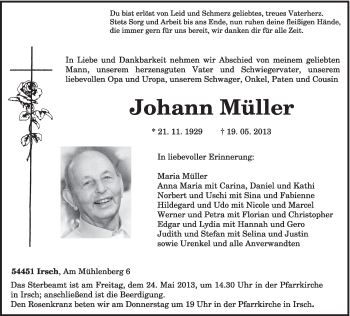 Traueranzeige von Johann Müller von TRIERISCHER VOLKSFREUND