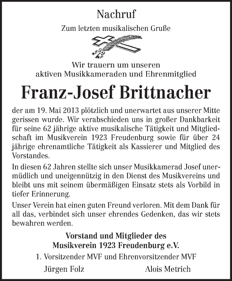  Traueranzeige für Franz-Josef Brittnacher vom 22.05.2013 aus TRIERISCHER VOLKSFREUND