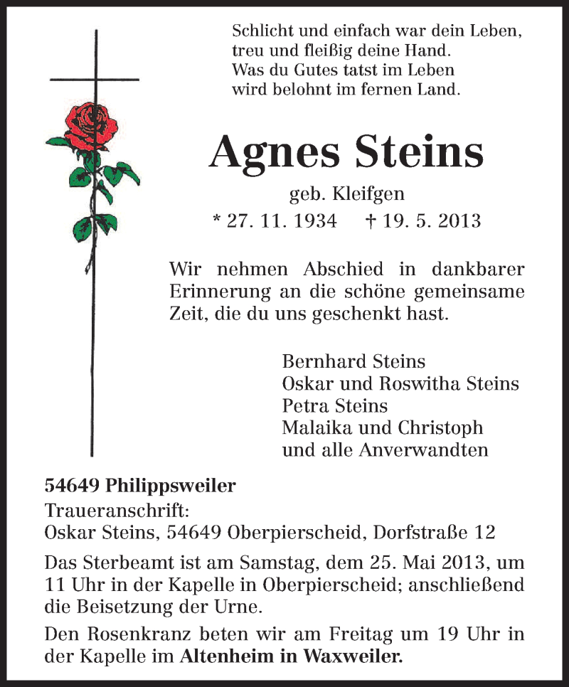  Traueranzeige für Agnes Steins vom 21.05.2013 aus TRIERISCHER VOLKSFREUND