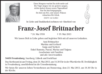 Traueranzeige von Franz-Josef Brittnacher von TRIERISCHER VOLKSFREUND