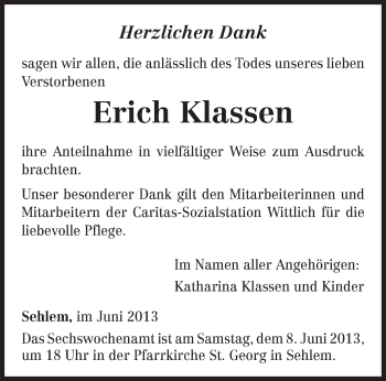 Traueranzeige von Erich Klassen von TRIERISCHER VOLKSFREUND