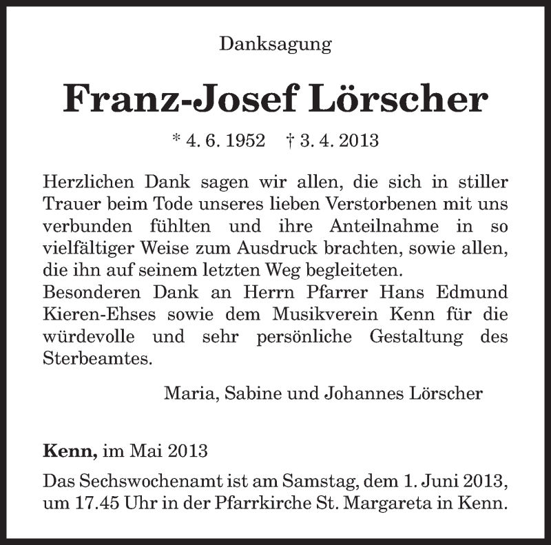  Traueranzeige für Franz-Josef Lörscher vom 25.05.2013 aus TRIERISCHER VOLKSFREUND