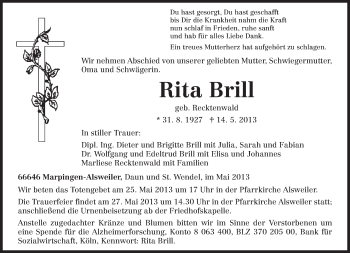 Traueranzeige von Rita Brill von TRIERISCHER VOLKSFREUND