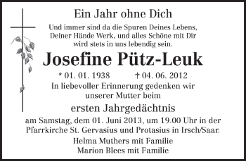 Traueranzeige von Josefine Pütz-Leuk von TRIERISCHER VOLKSFREUND