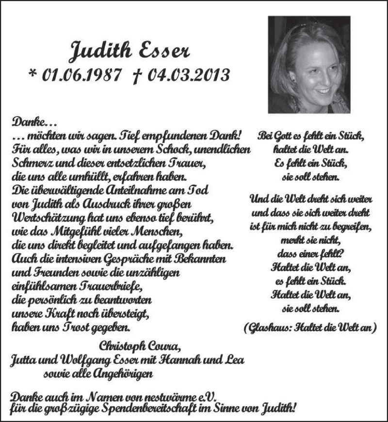  Traueranzeige für Judith Esser vom 25.05.2013 aus TRIERISCHER VOLKSFREUND