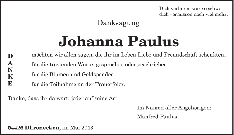  Traueranzeige für Johanna Paulus vom 25.05.2013 aus TRIERISCHER VOLKSFREUND