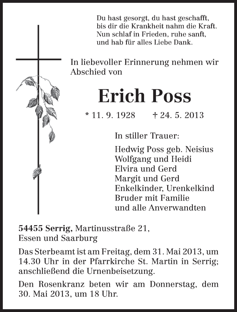  Traueranzeige für Erich Poss vom 27.05.2013 aus TRIERISCHER VOLKSFREUND