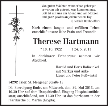 Traueranzeige von Therese Hartmann von TRIERISCHER VOLKSFREUND