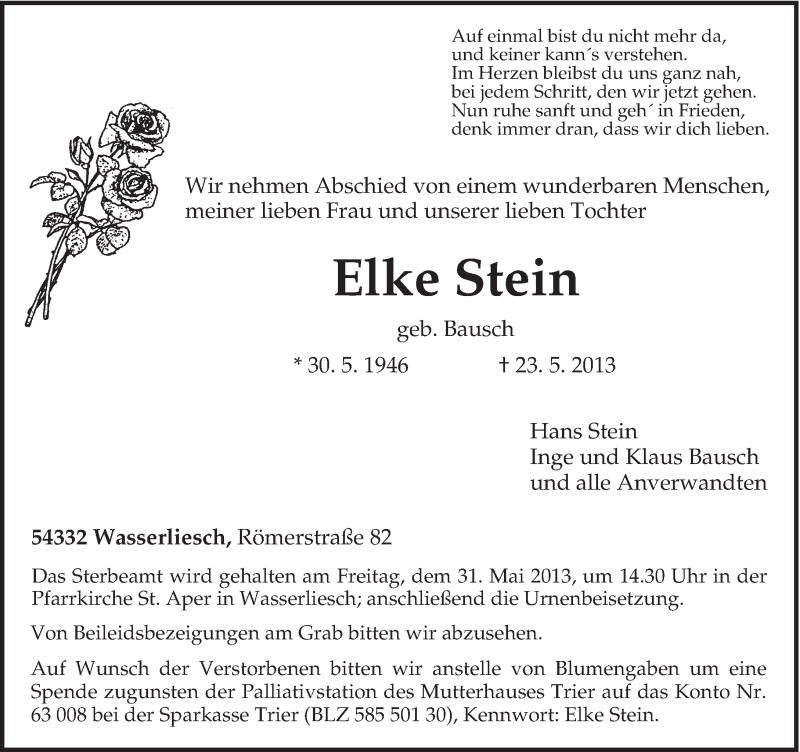  Traueranzeige für Elke Stein vom 28.05.2013 aus TRIERISCHER VOLKSFREUND