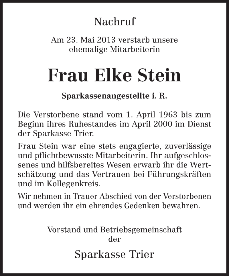 Traueranzeige für Elke Stein vom 29.05.2013 aus TRIERISCHER VOLKSFREUND