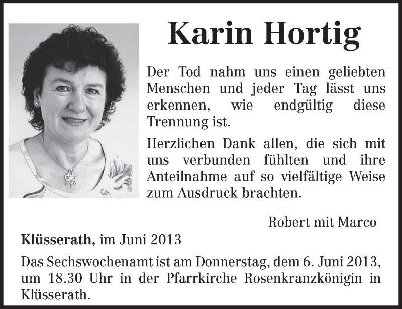  Traueranzeige für Karin Hortig vom 01.06.2013 aus TRIERISCHER VOLKSFREUND