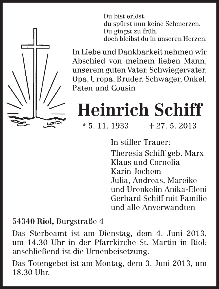  Traueranzeige für Heinrich Schiff vom 30.05.2013 aus TRIERISCHER VOLKSFREUND