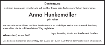 Traueranzeige von Anna Hunkemöller von TRIERISCHER VOLKSFREUND