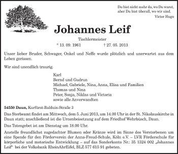 Traueranzeige von Johannes Leif von TRIERISCHER VOLKSFREUND