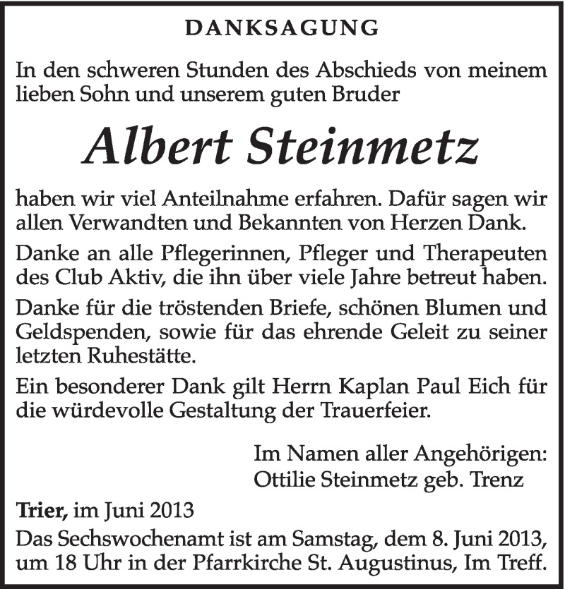  Traueranzeige für Albert Steinmetz vom 01.06.2013 aus TRIERISCHER VOLKSFREUND