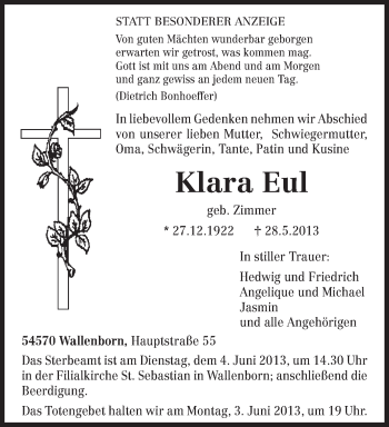 Traueranzeige von Klara Eul von TRIERISCHER VOLKSFREUND